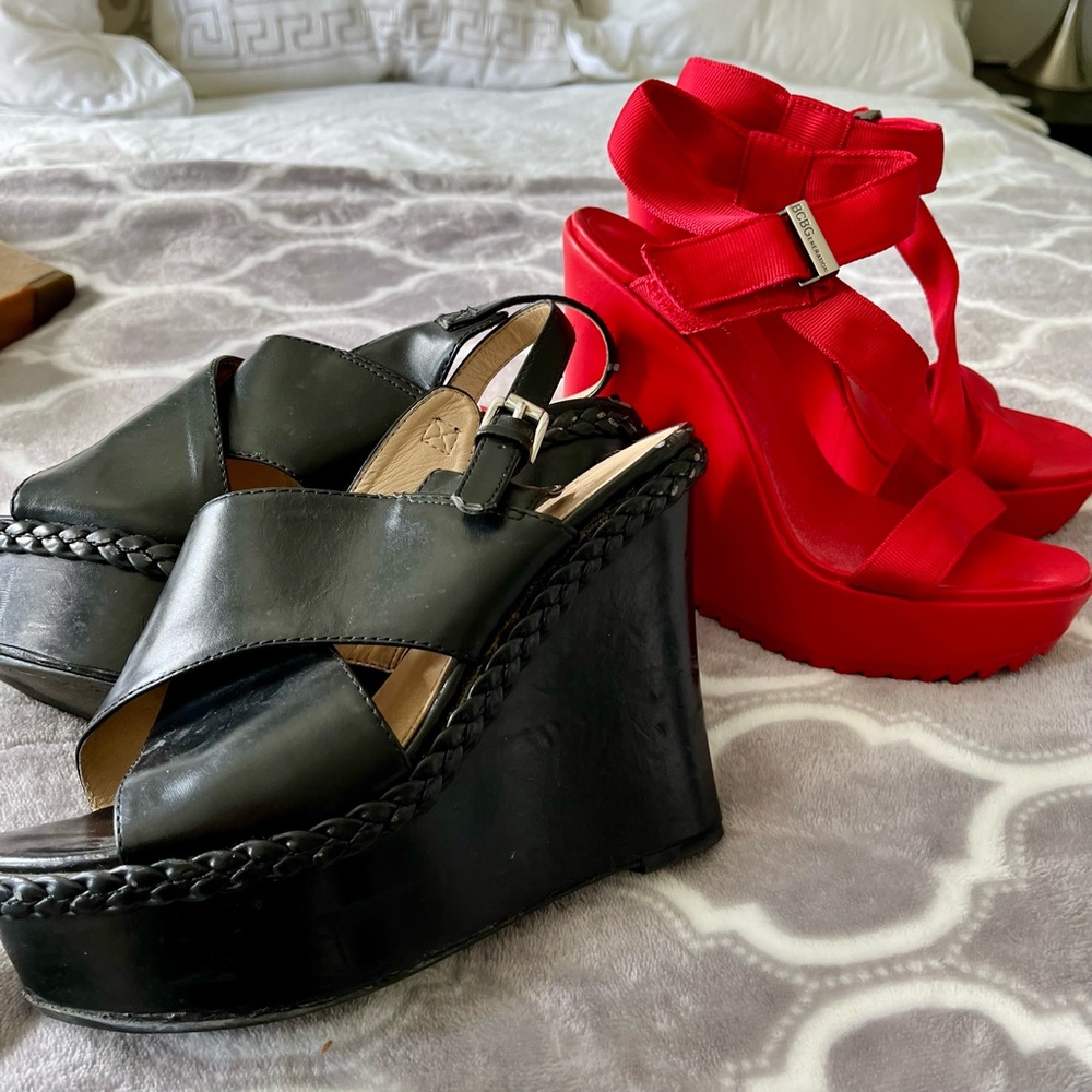 TWO PAIRS Of SHOES Red BCBG red wedges with straps and black wedge shoes sz 6
